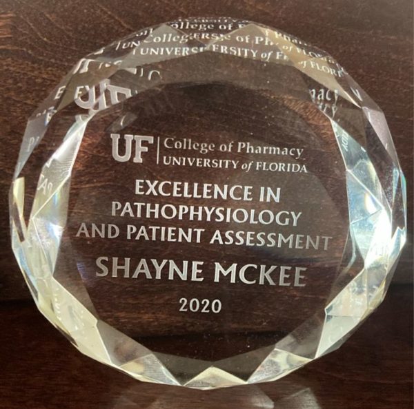 Shayne McKee awarded by UF pharmacy for patient care and assessment